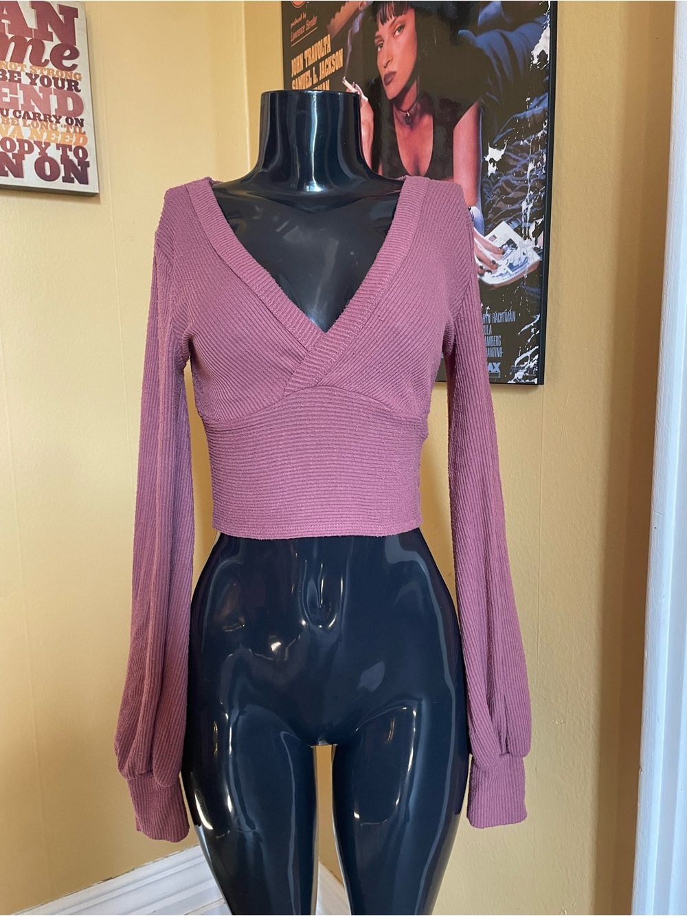 Urban Outfitters Ribbed V Neck Wrap-Front Mauve Puff Long Sleeve Crop Top